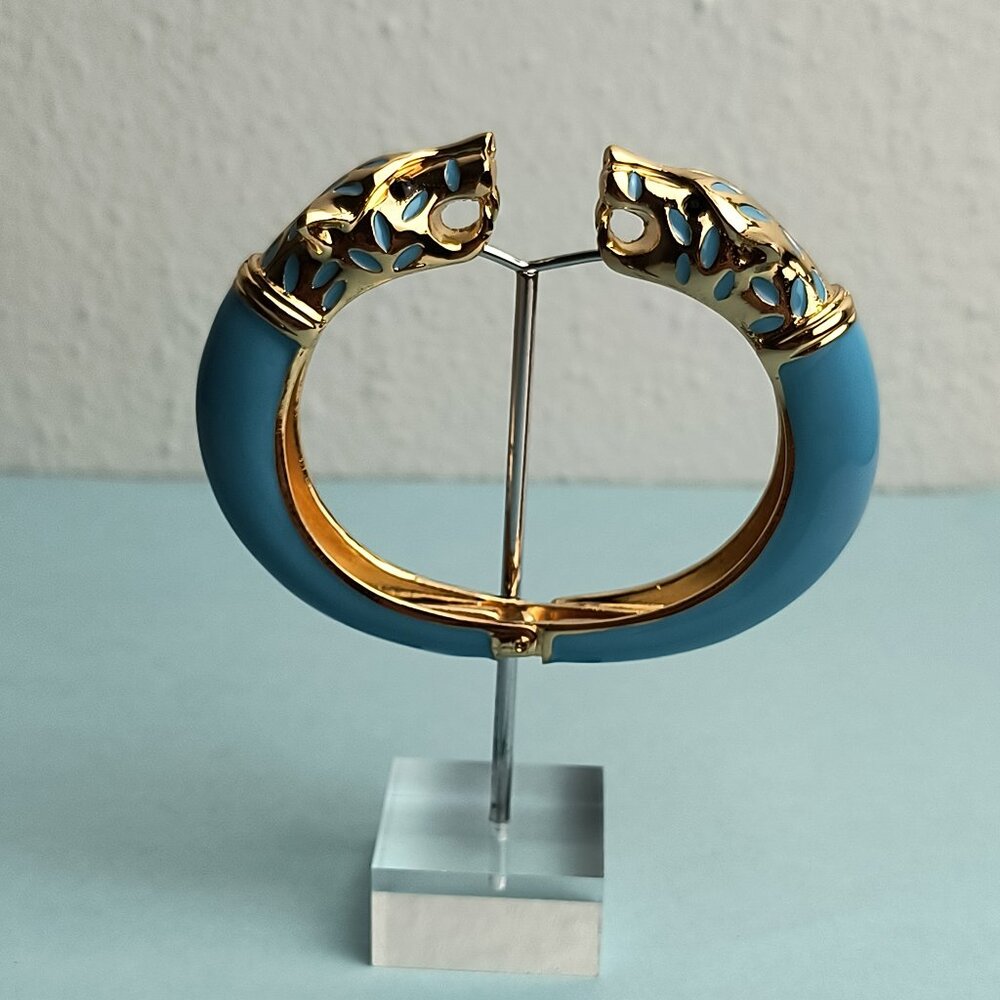Statement Chunky Glaze Hinged Cuff Bracelet Double Wolf Head Baby Blue G…